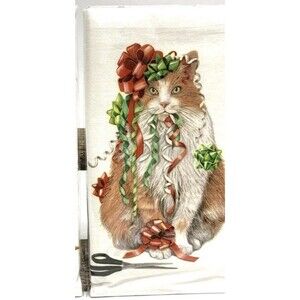 Mary Lake Thompson Flower Sack Kitchen Towel 30x30 Christmas Cat w/ Ribbon NEW